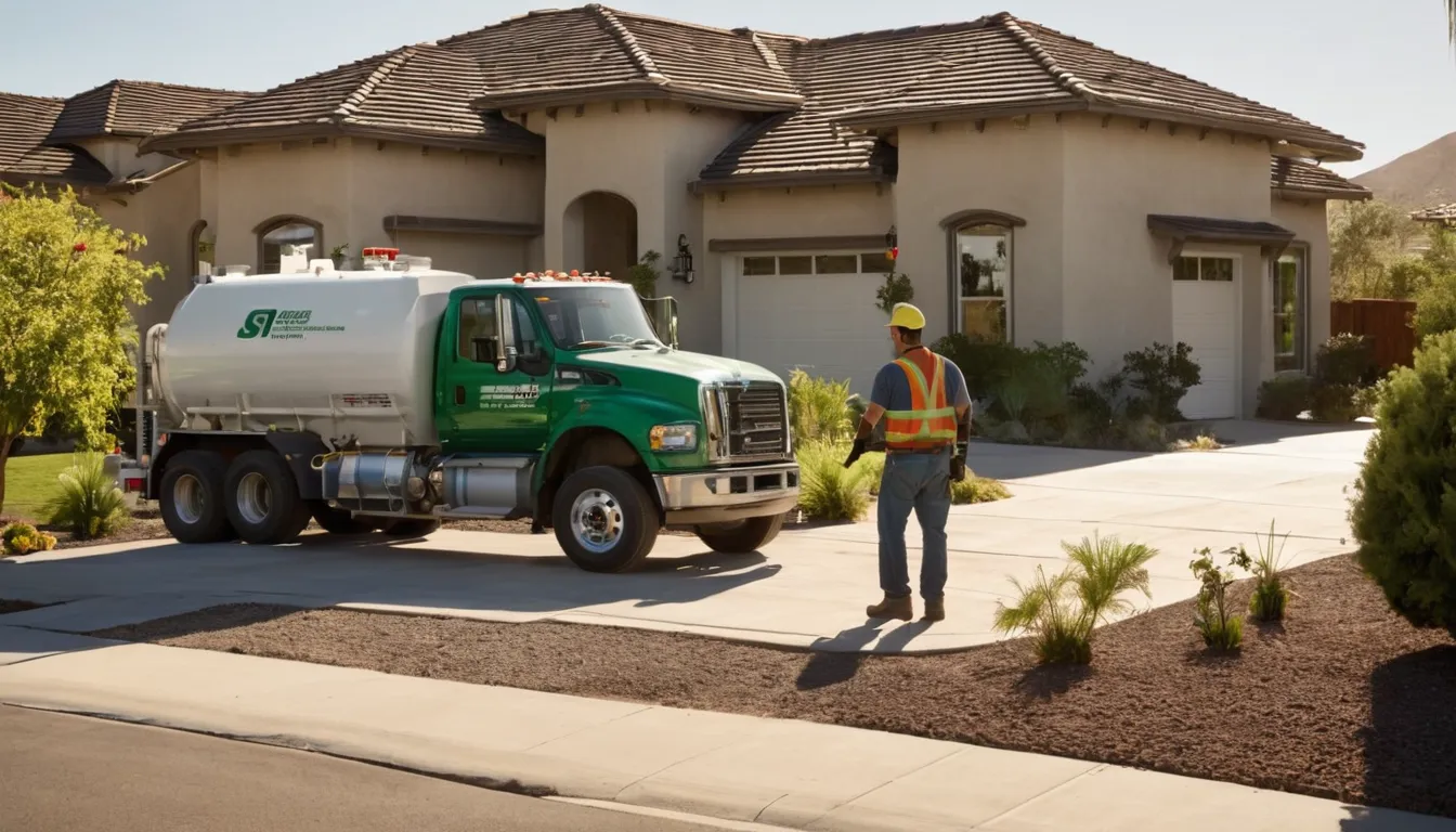 A friendly provider checking a septic tank lid beside a stucco ranch home in Rancho Cucamonga